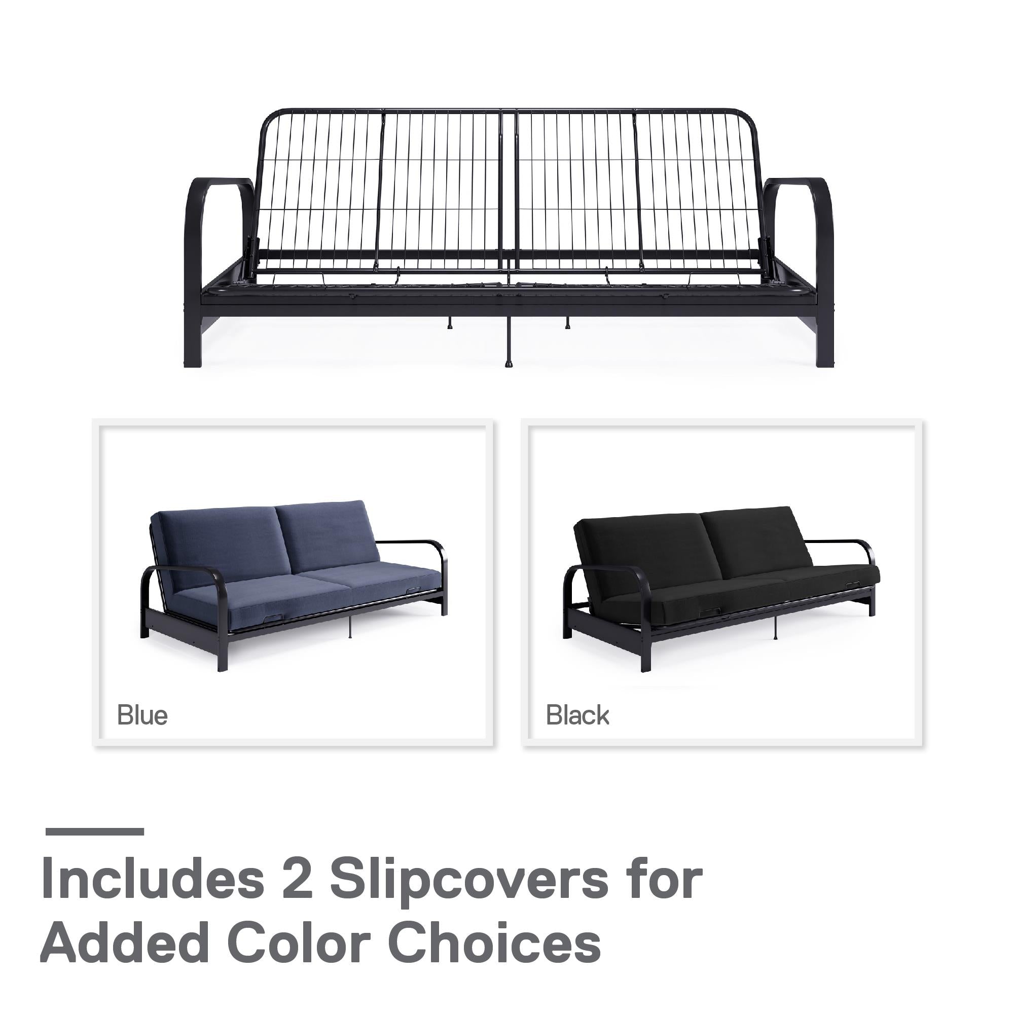 RealRooms Karli Black Metal Arm Futon Frame with 6" Blue Mattress and extra Black Slipcover - Blue
