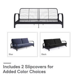 RealRooms Karli Black Metal Arm Futon Frame with 6" Blue Mattress and extra Black Slipcover - Blue