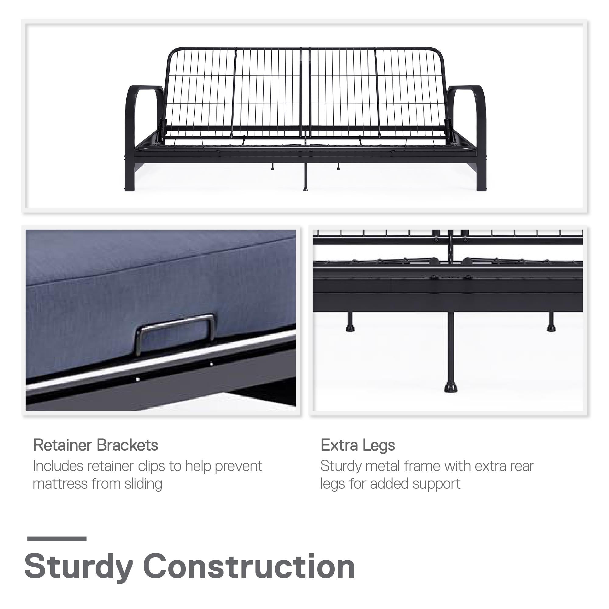 RealRooms Karli Black Metal Arm Futon Frame with 6" Blue Mattress and extra Black Slipcover - Blue