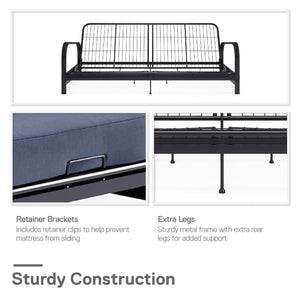 RealRooms Karli Black Metal Arm Futon Frame with 6" Blue Mattress and extra Black Slipcover - Blue