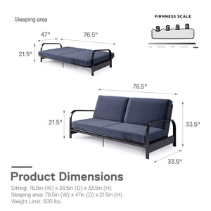 RealRooms Karli Black Metal Arm Futon Frame with 6" Blue Mattress and extra Black Slipcover - Blue