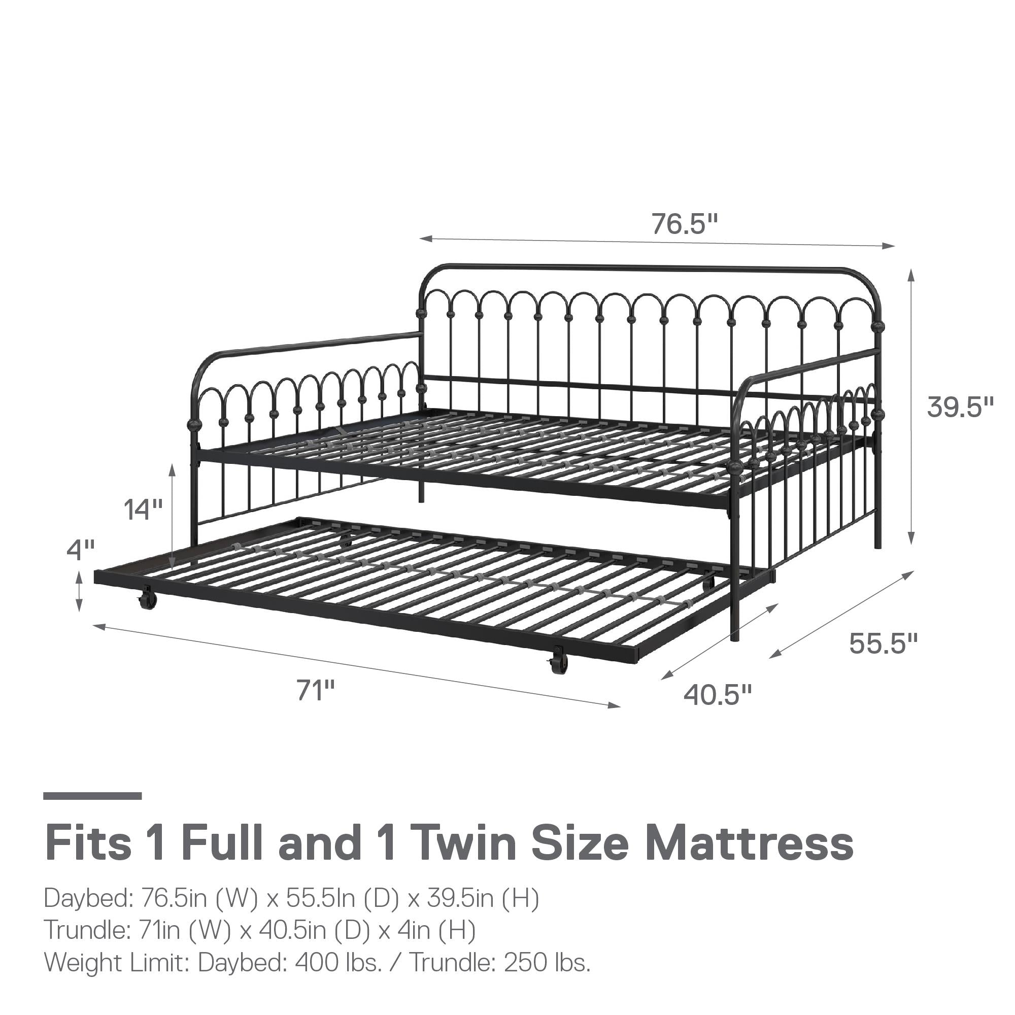 Novogratz Bright Pop Metal Daybed with Trundle - Black - Full