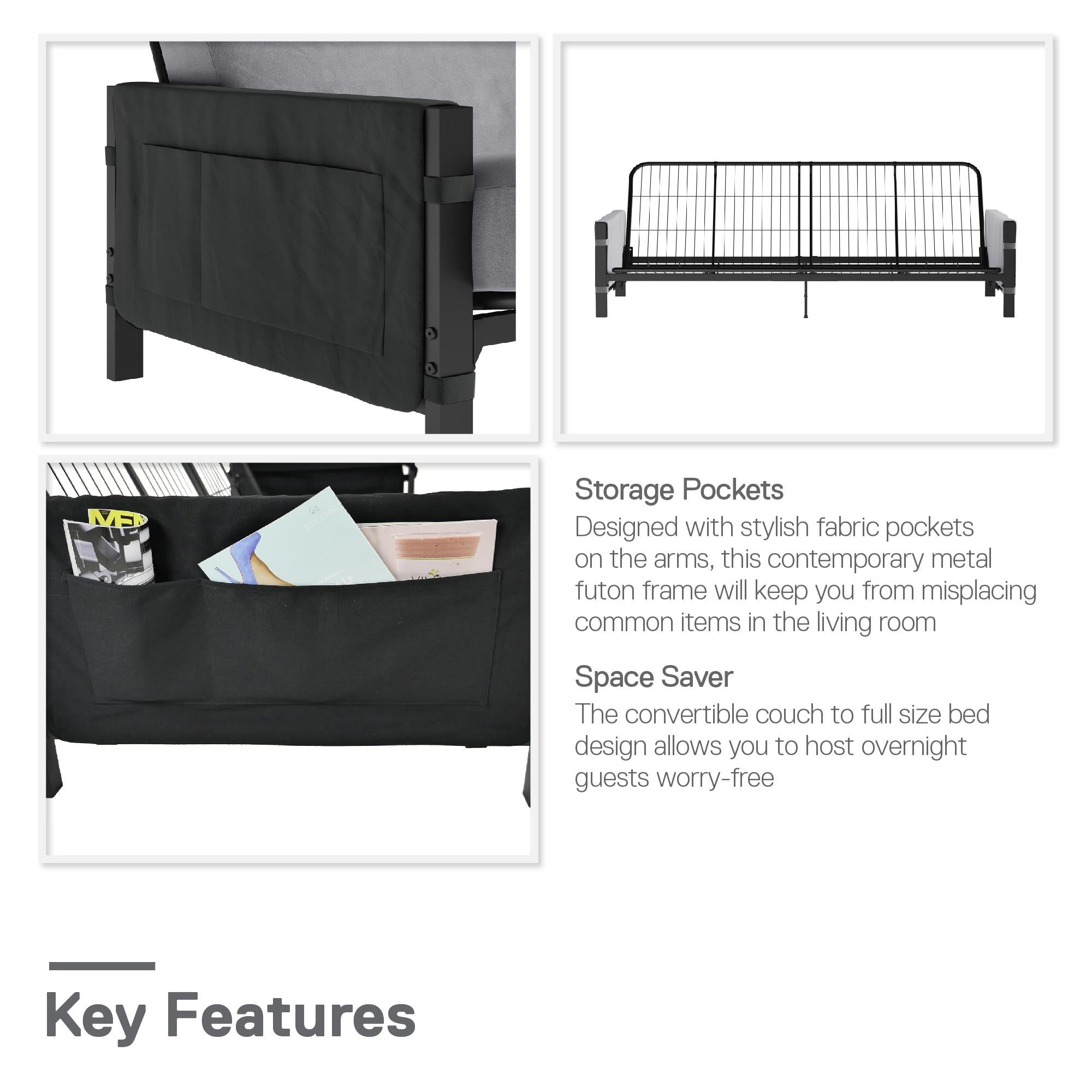 RealRooms Avanti Black Metal Futon Frame with Storage Pockets - Black - Full