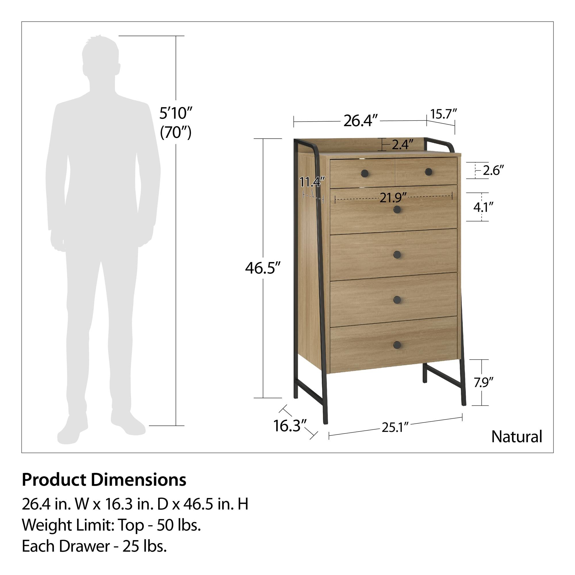 Novogratz Bushwick Tall 5 Drawer Dresser - Natural