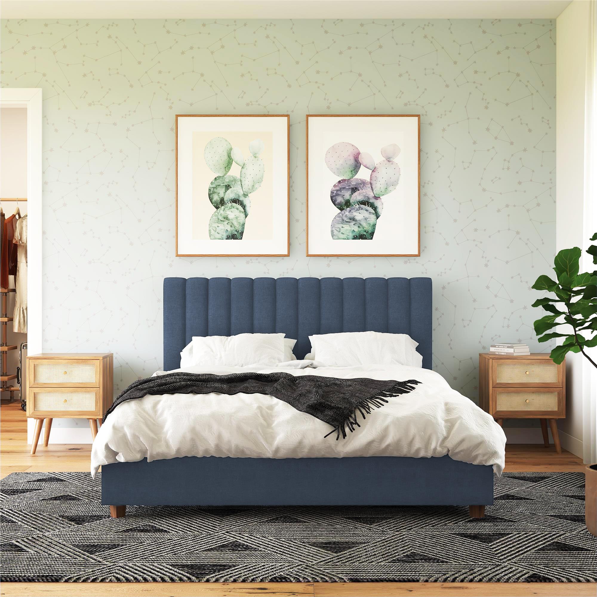 Novogratz Brittany Upholstered Bed with Storage Drawers - Blue Linen - Queen