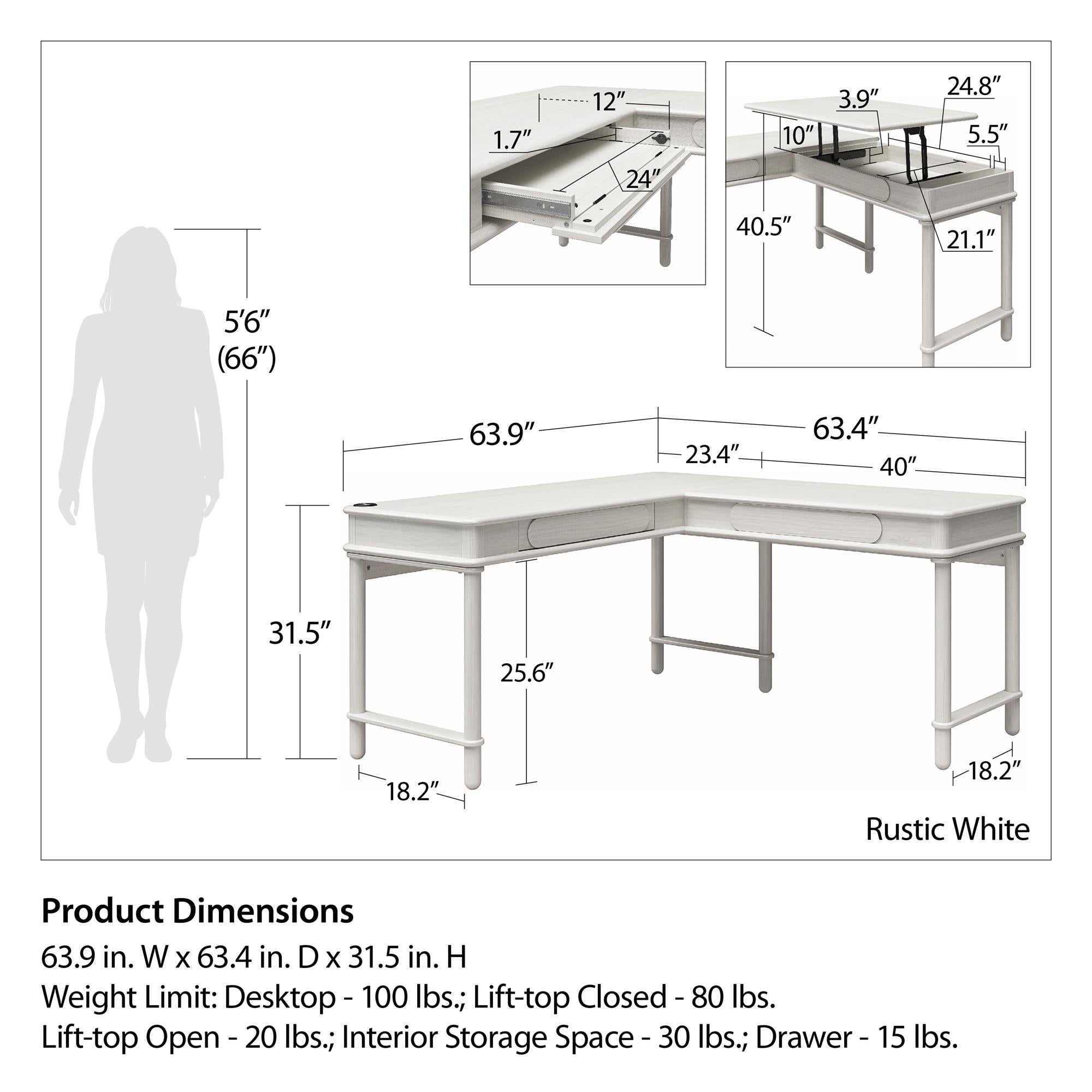 CosmoLiving Selena Lift-top L Desk - Rustic White