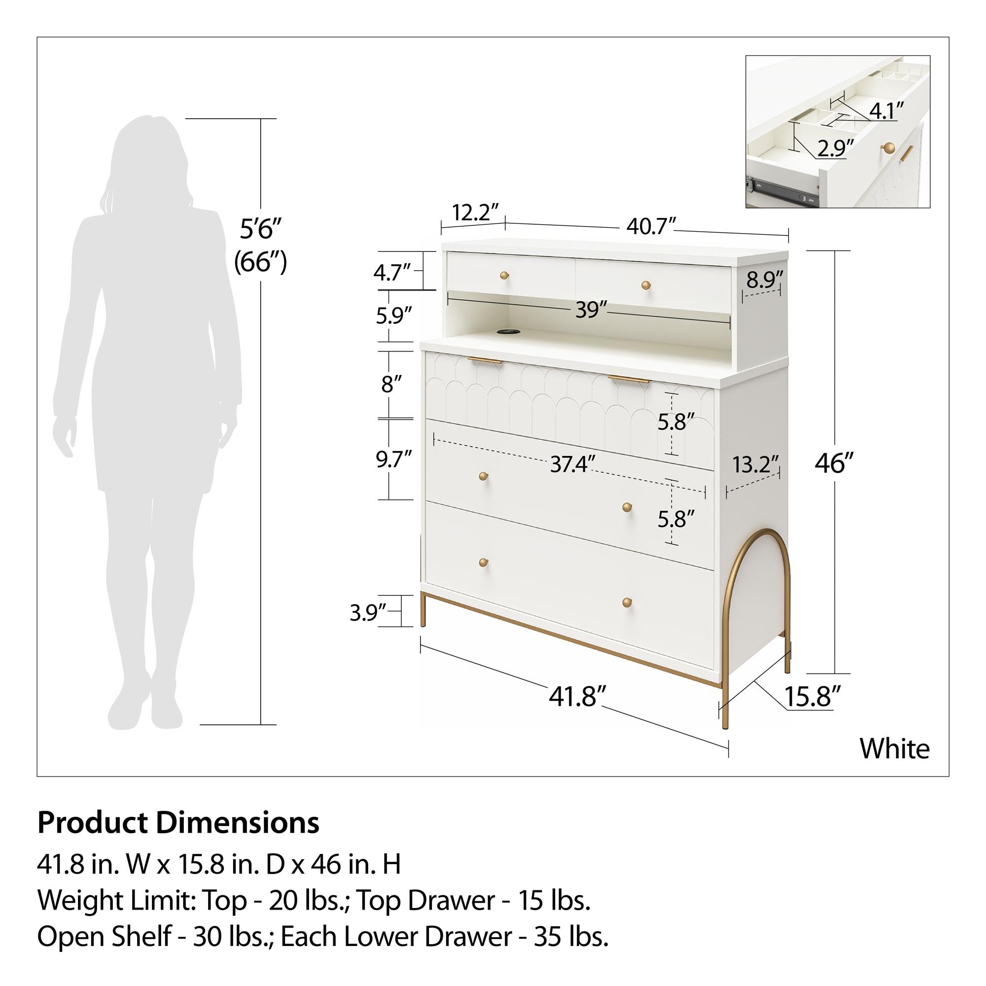 CosmoLiving Anastasia 4 Drawer Dresser w/ Hutch - White