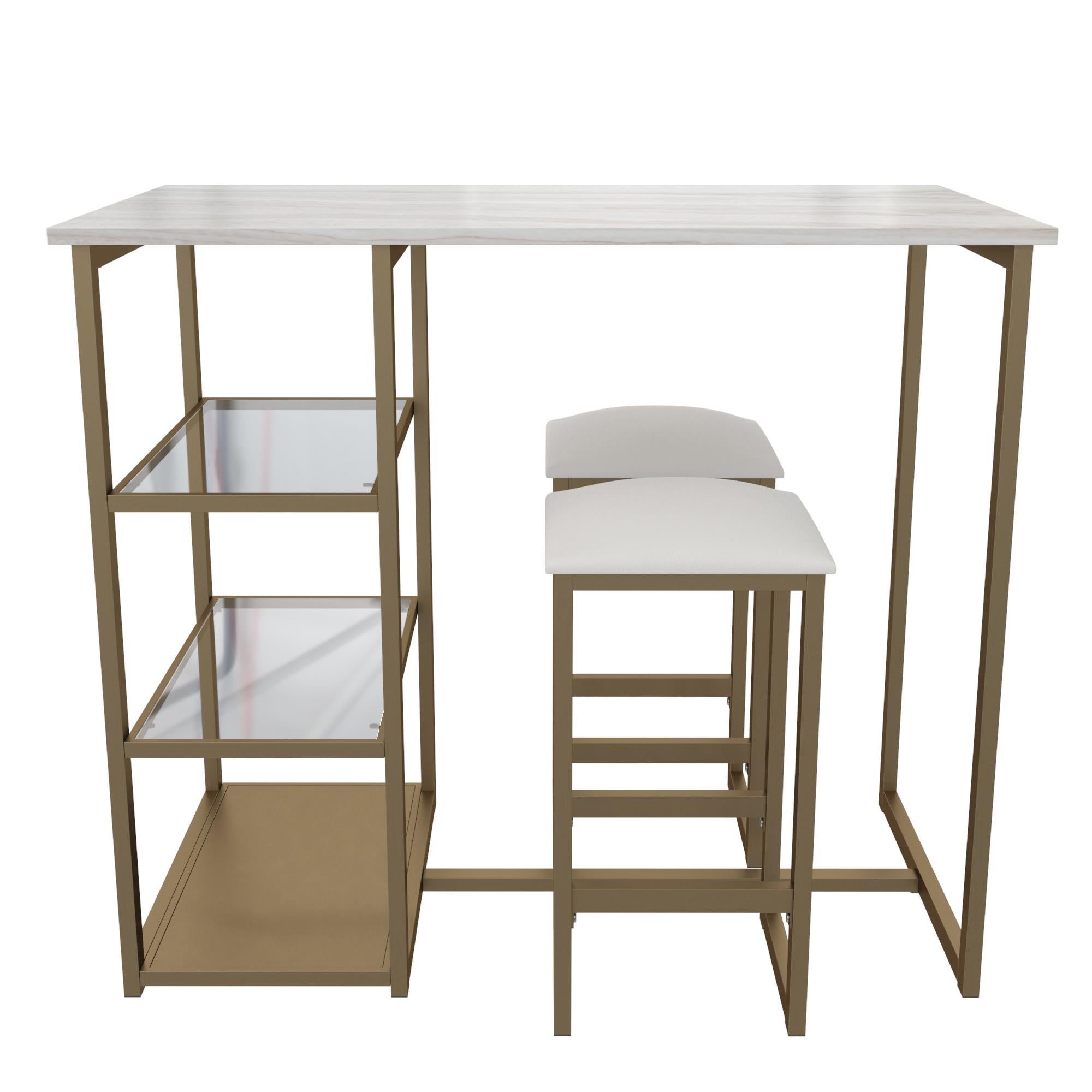 DHP Tanner 3-Piece Brass Dining Set with Faux Marble Top - White