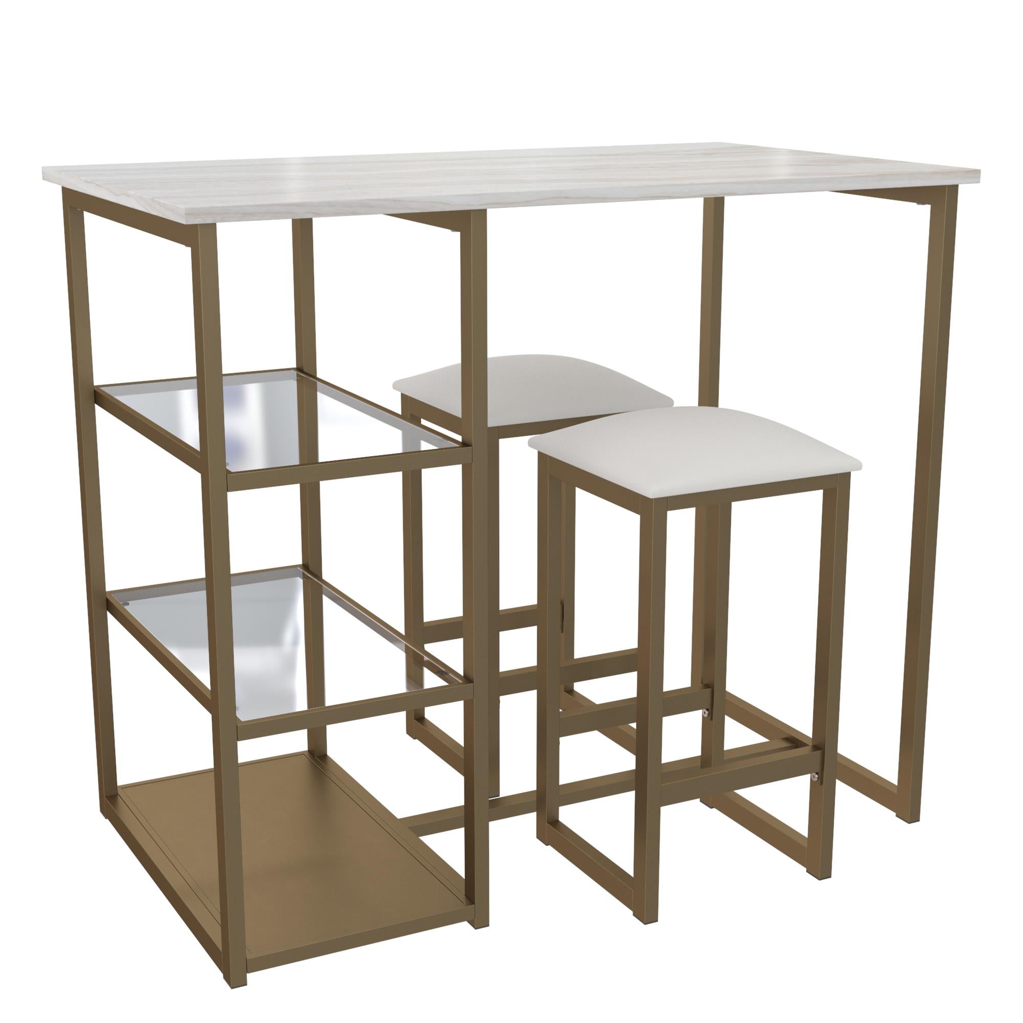 DHP Tanner 3-Piece Brass Dining Set with Faux Marble Top - White