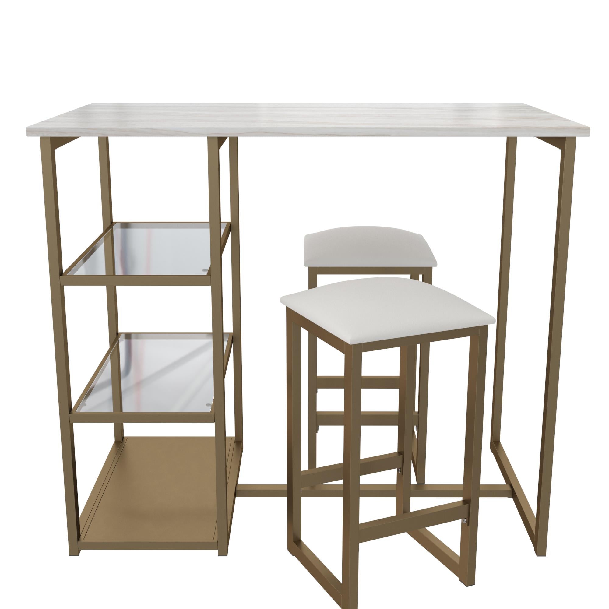 DHP Tanner 3-Piece Brass Dining Set with Faux Marble Top - White