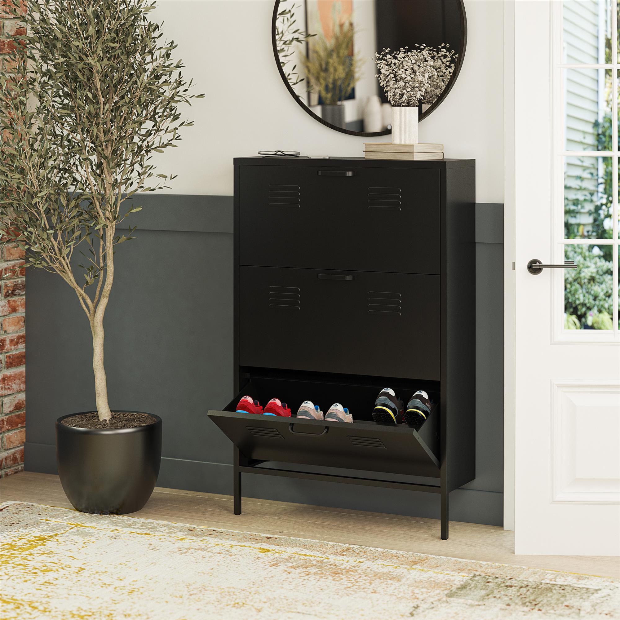 Systembuild Evolution Mission District 3 Door Locker Style Metal Shoe Storage Cabinet - Black