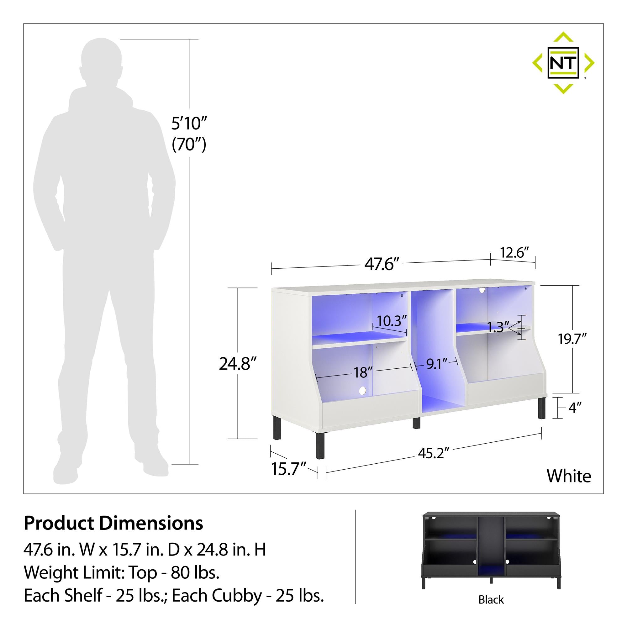 NTense Falcon Youth Gaming TV Stand w/ ARGB LED Lights - White