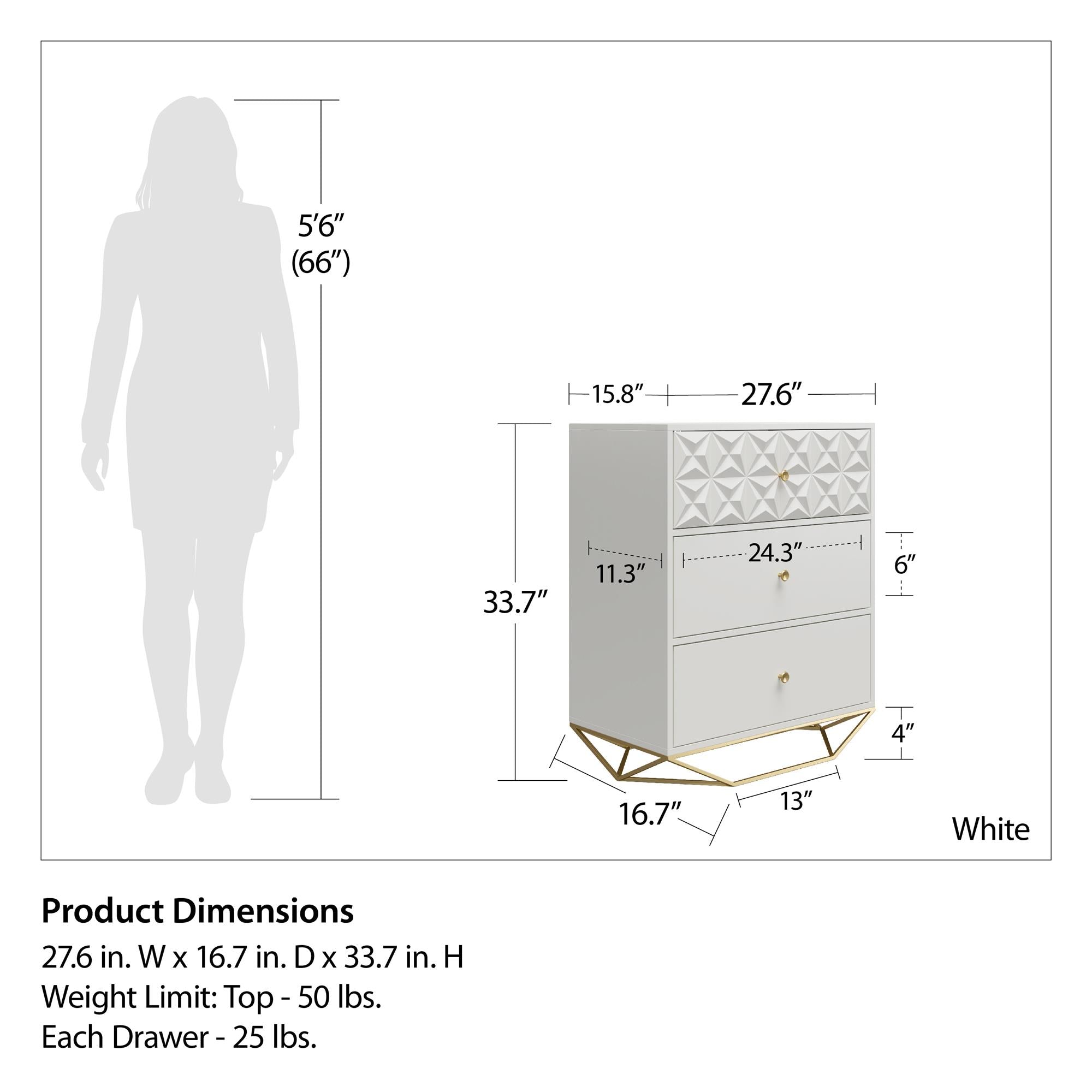 CosmoLiving Blair 3 Drawer Dresser - White