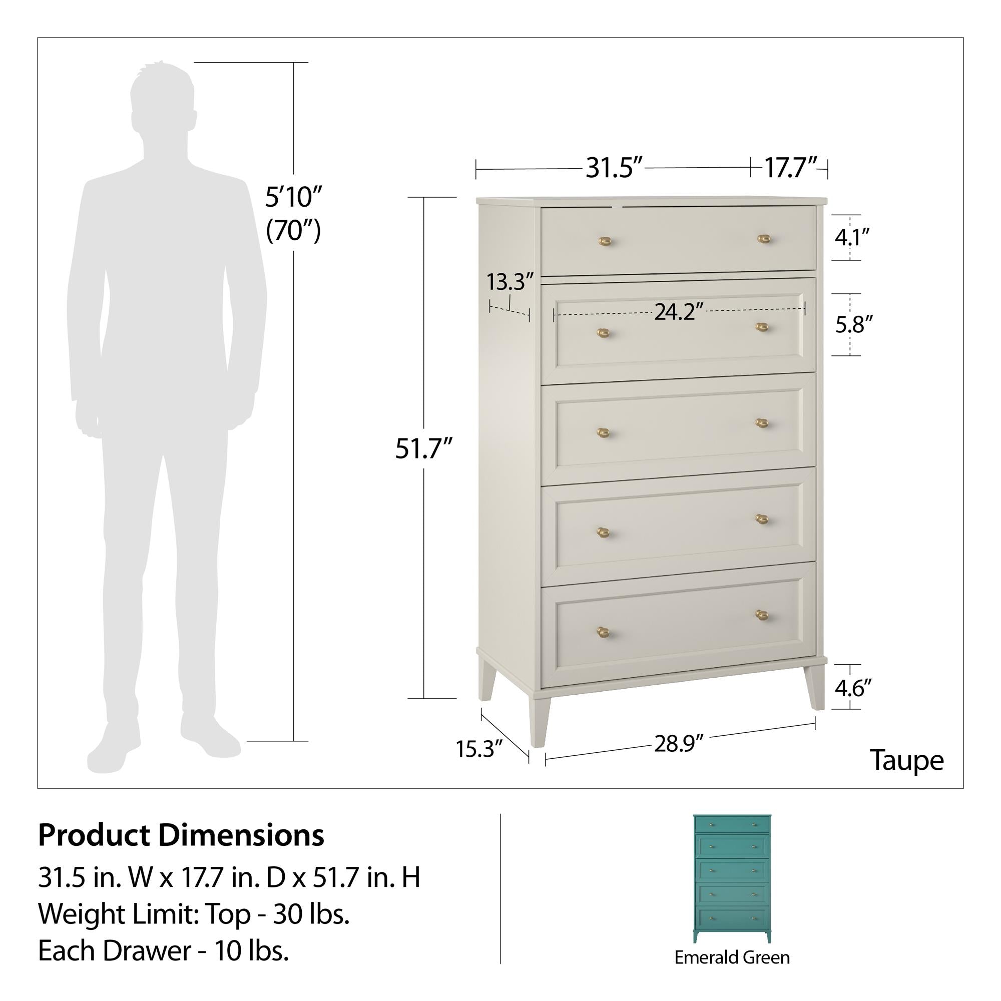 Ameriwood Home Monticello Tall 5 Drawer Dresser - Sharkey Grey