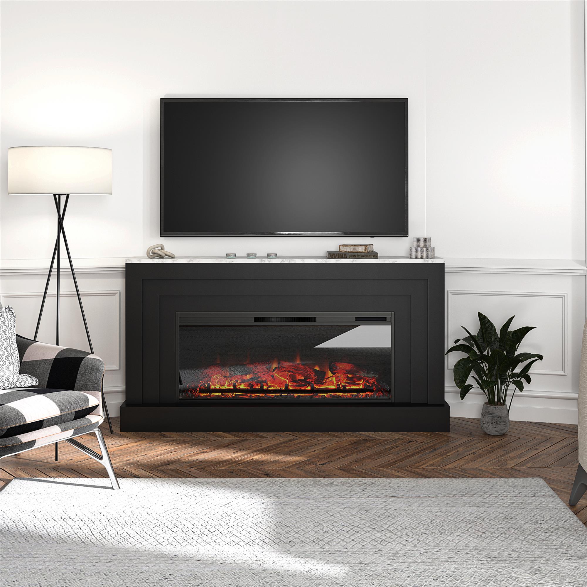 Ameriwood Home Lynnhaven Wide Mantel with Linear Electric Fireplace - Matte Black
