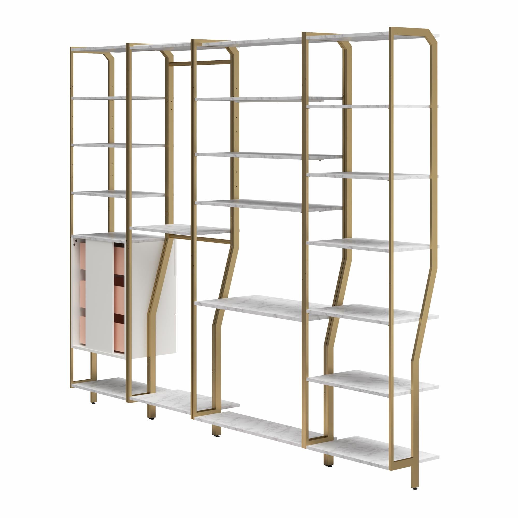 CosmoLiving Gwyneth Closet 4 Piece Bundle-Shelves, Vanity, Hanging Rods & Drawers - White marble