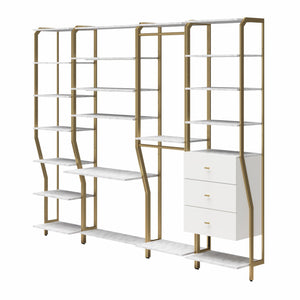 CosmoLiving Gwyneth Closet 4 Piece Bundle-Shelves, Vanity, Hanging Rods & Drawers - White marble