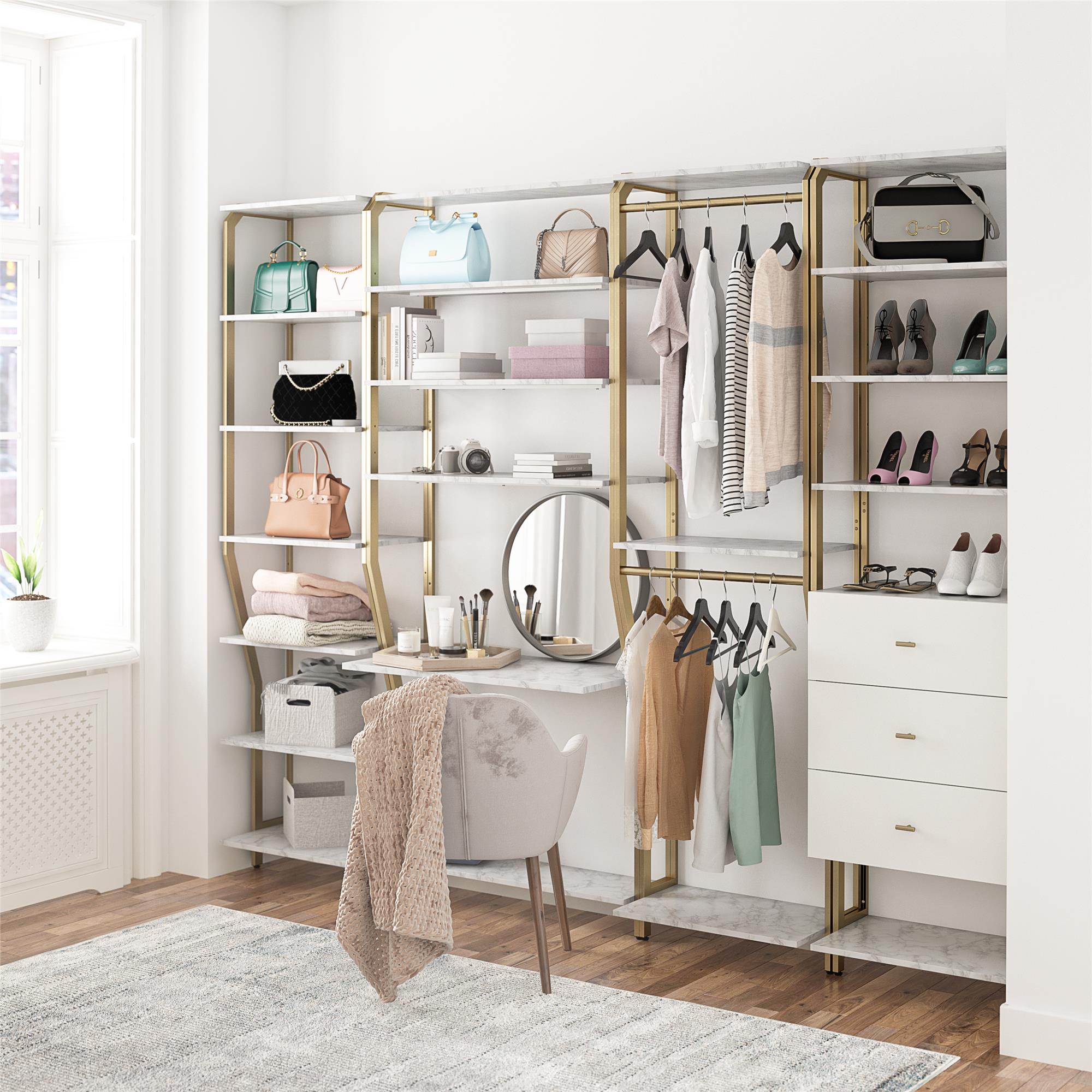 CosmoLiving Gwyneth Closet 4 Piece Bundle-Shelves, Vanity, Hanging Rods & Drawers - White marble