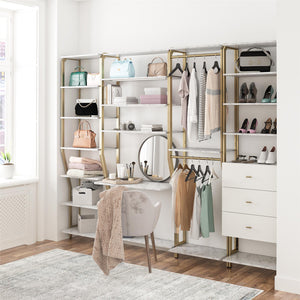 CosmoLiving Gwyneth Closet 4 Piece Bundle-Shelves, Vanity, Hanging Rods & Drawers - White marble