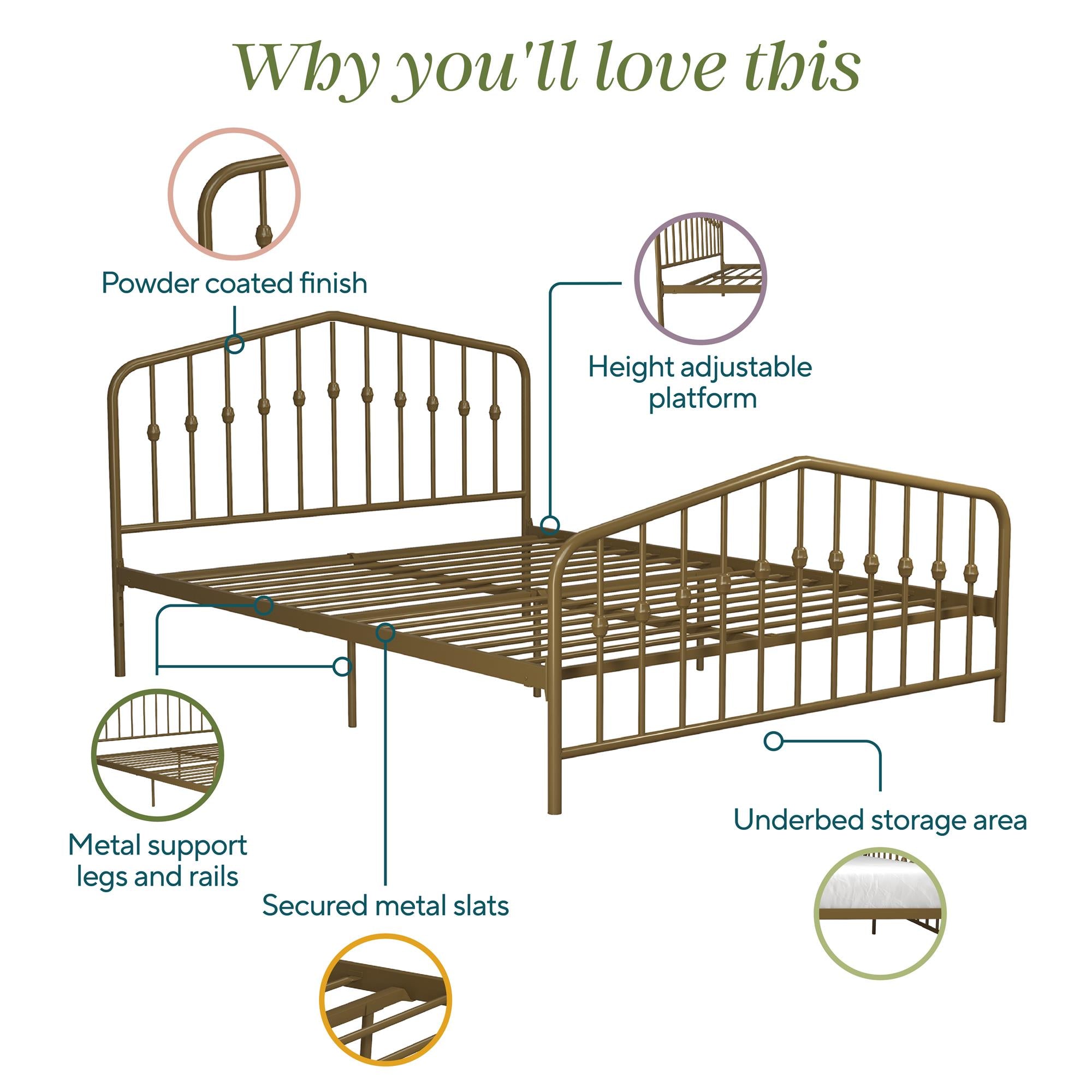 Novogratz Bushwick Metal Bed - Gold - Full