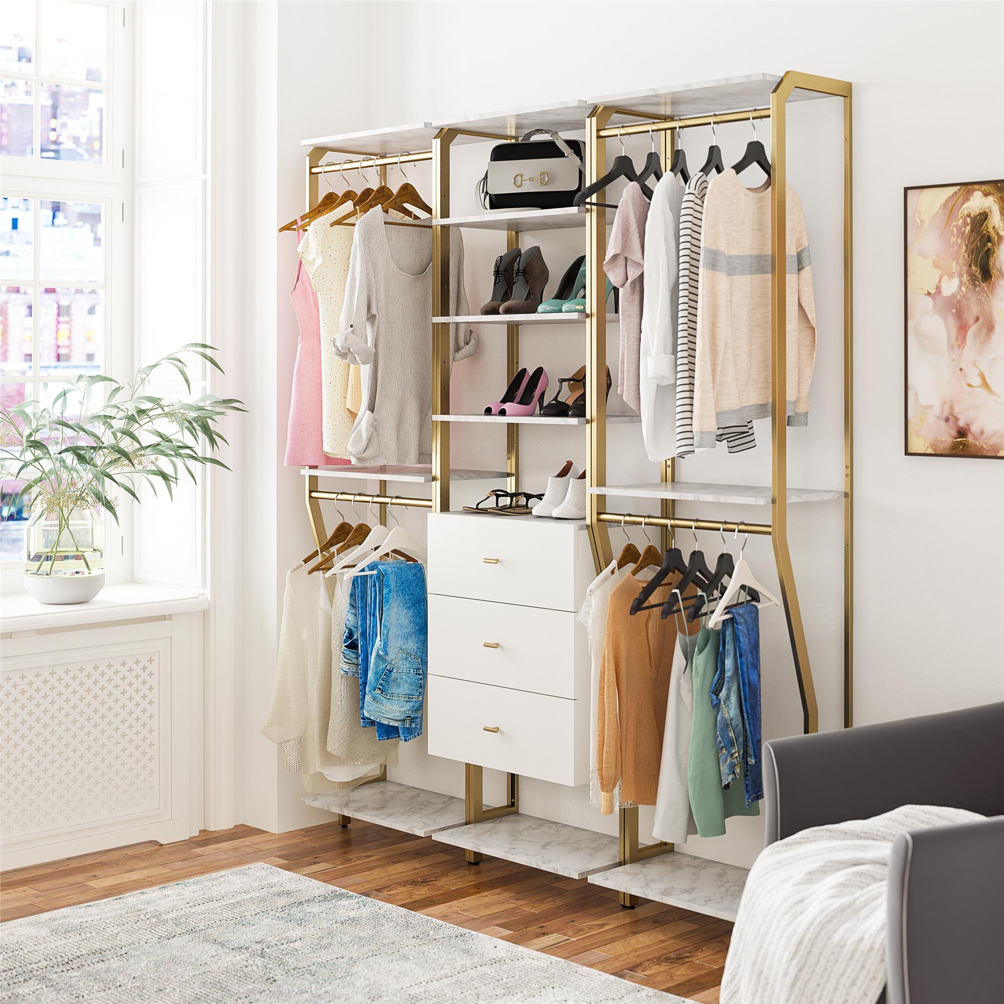 CosmoLiving Gwyneth Closet 3 Piece Bundle- 2 Hanging Rod & 1 Drawer Unit - White marble