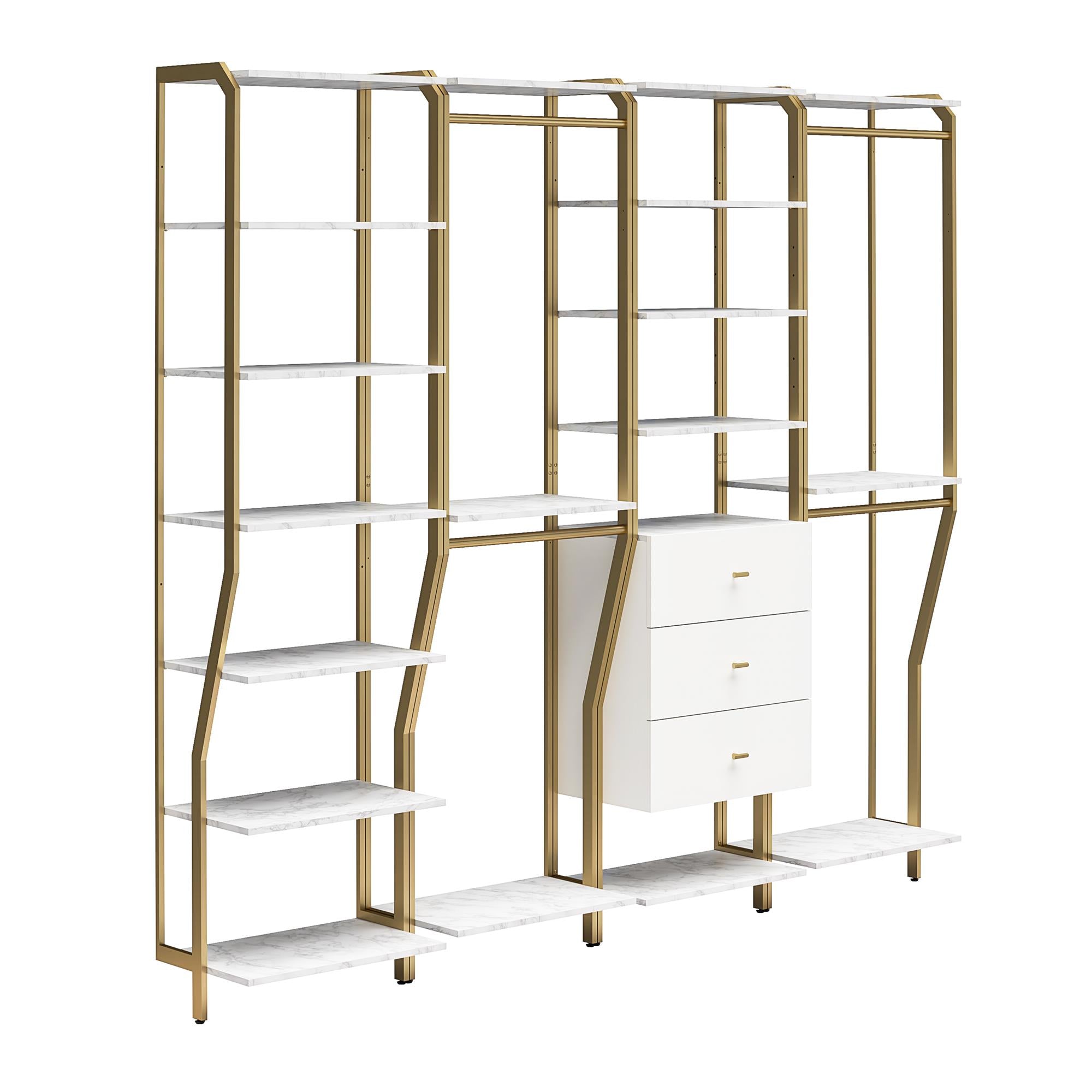 CosmoLiving Gwyneth Closet 4 Piece Bundle-2 Hanging Rod, 1 Shelf & 1 Drawer Unit - White marble