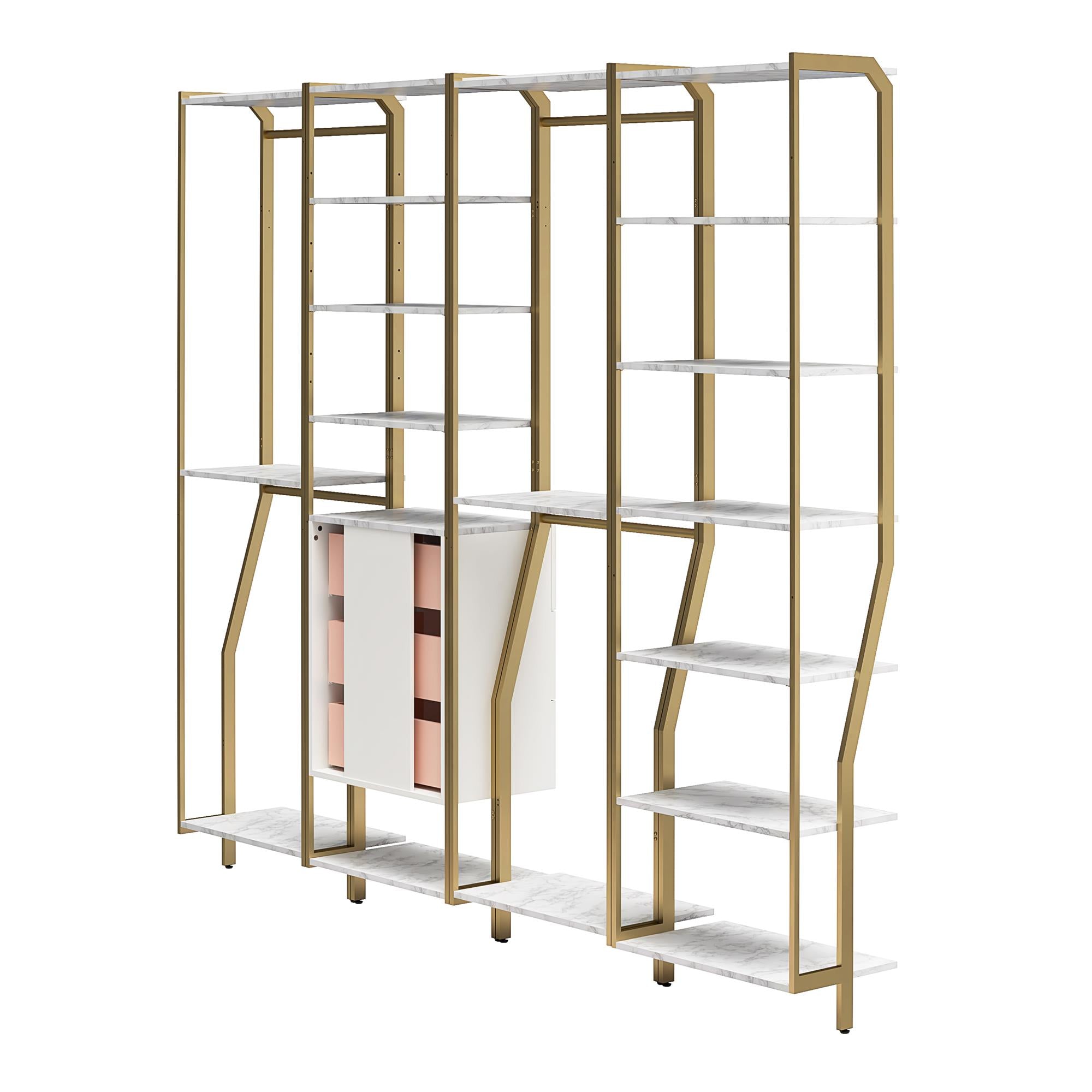 CosmoLiving Gwyneth Closet 4 Piece Bundle-2 Hanging Rod, 1 Shelf & 1 Drawer Unit - White marble