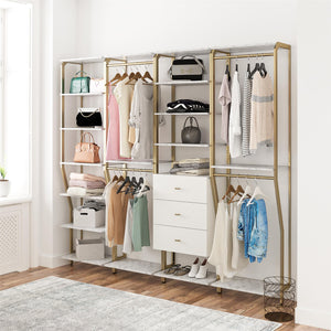 CosmoLiving Gwyneth Closet 4 Piece Bundle-2 Hanging Rod, 1 Shelf & 1 Drawer Unit - White marble