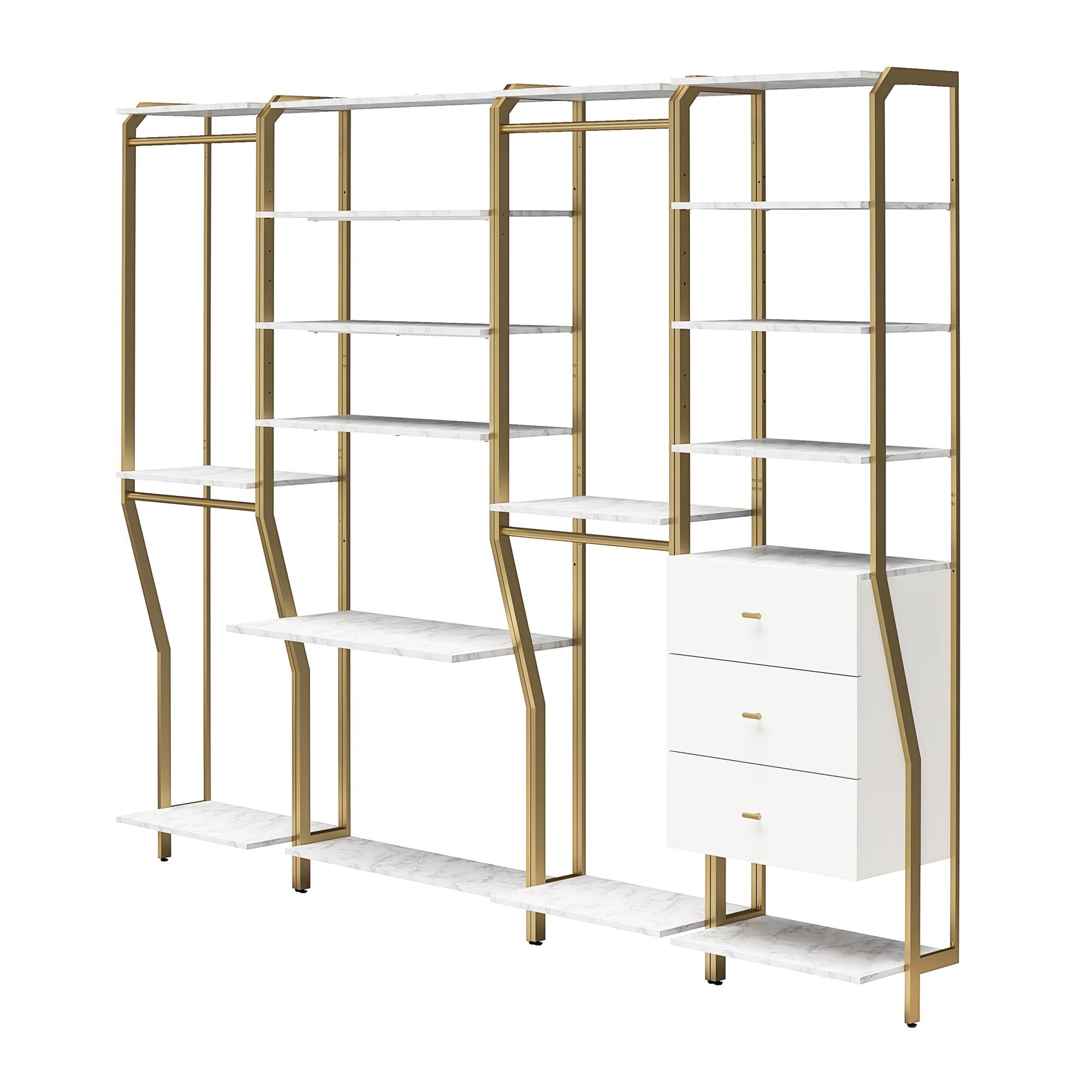 CosmoLiving Gwyneth Closet 4 Piece Bundle-2 Hanging Rod, 1 Vanity & 1 Drawer Unit - White marble