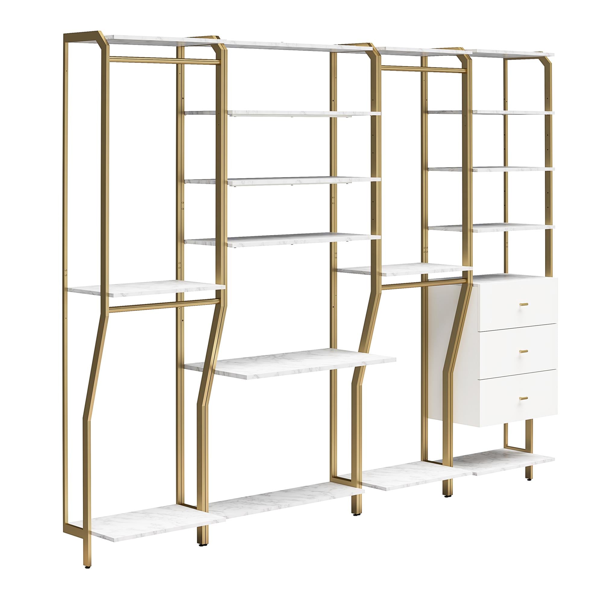 CosmoLiving Gwyneth Closet 4 Piece Bundle-2 Hanging Rod, 1 Vanity & 1 Drawer Unit - White marble