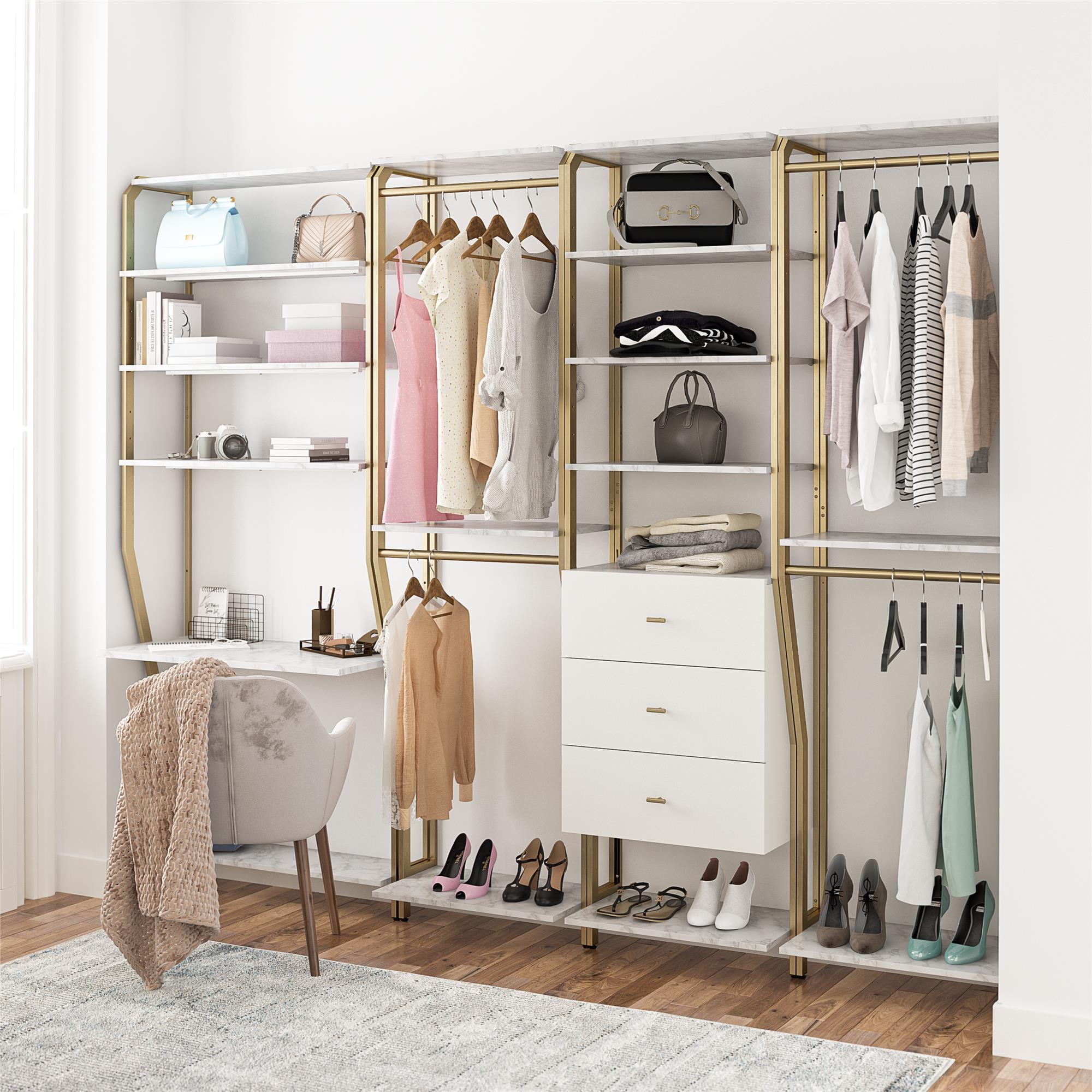 CosmoLiving Gwyneth Closet 4 Piece Bundle-2 Hanging Rod, 1 Vanity & 1 Drawer Unit - White marble