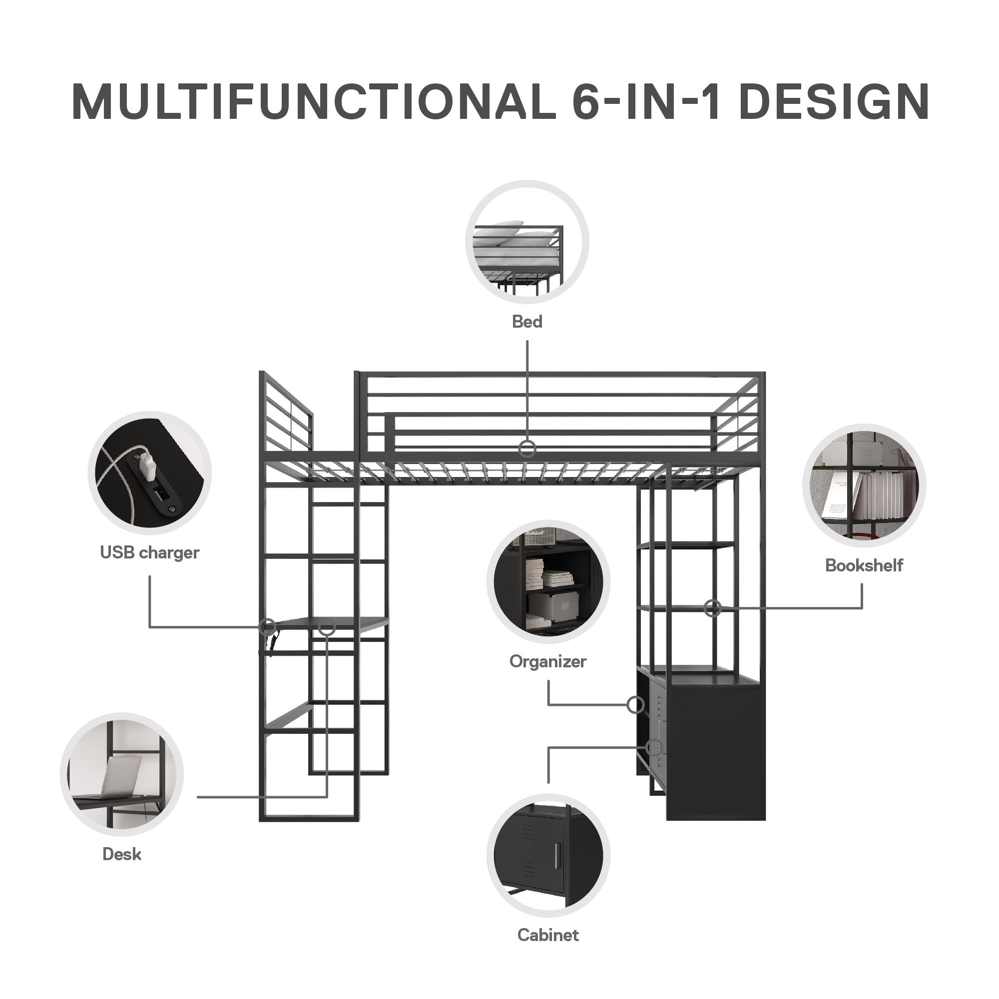DHP Lanis Loft Bed with Desk and Storage - Black - Twin