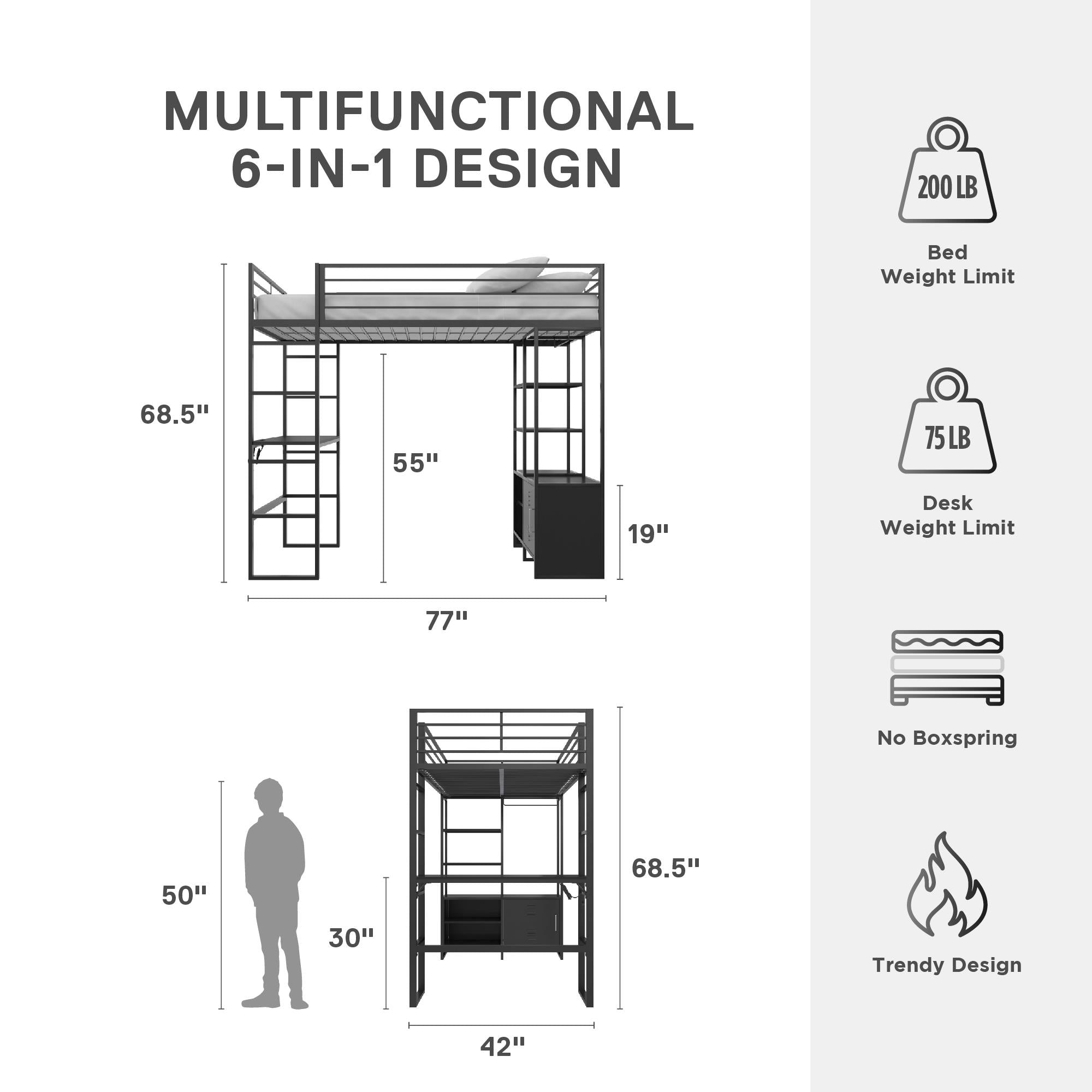 DHP Lanis Loft Bed with Desk and Storage - Black - Twin