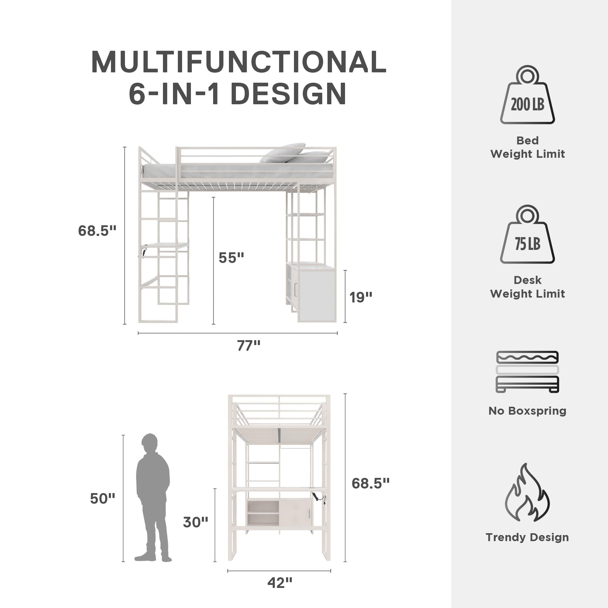 DHP Lanis Loft Bed with Desk and Storage - Off White - Twin