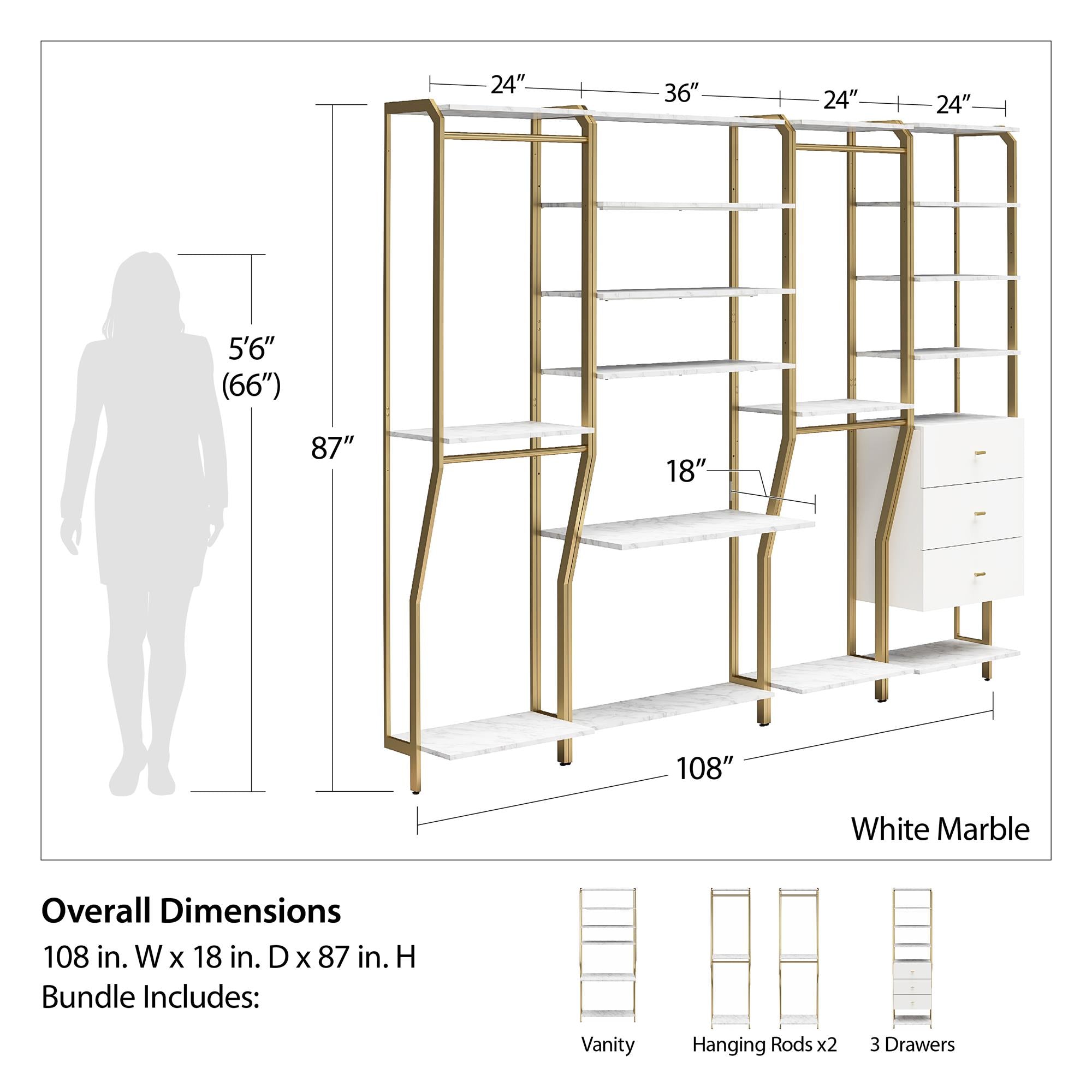 CosmoLiving Gwyneth Closet 4 Piece Bundle-2 Hanging Rod, 1 Vanity & 1 Drawer Unit - White marble