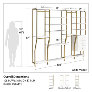 CosmoLiving Gwyneth Closet 4 Piece Bundle-2 Hanging Rod, 1 Vanity & 1 Drawer Unit - White marble