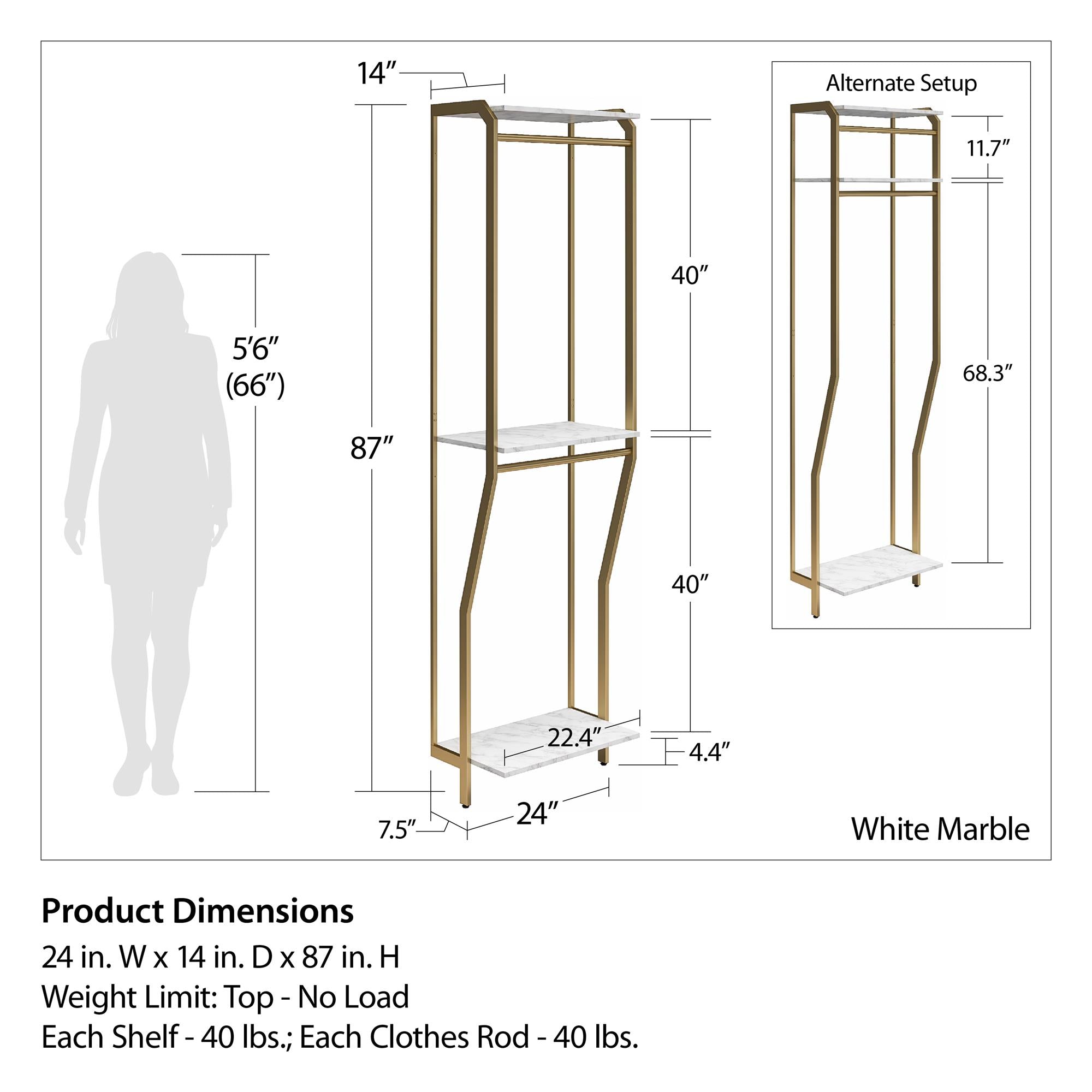 CosmoLiving Gwyneth Closet 4 Piece Bundle-2 Hanging Rod, 1 Vanity & 1 Drawer Unit - White marble