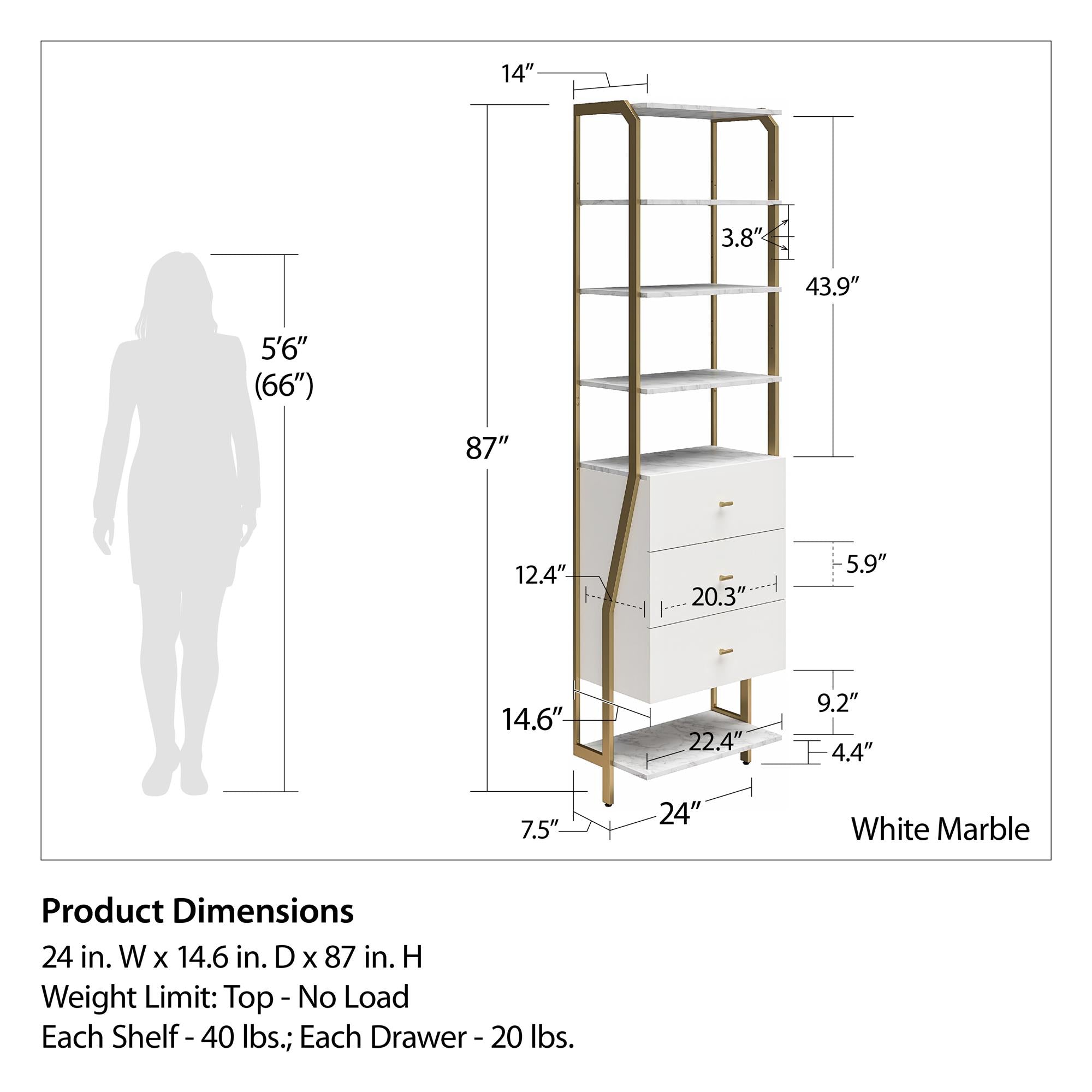 CosmoLiving Gwyneth Closet 4 Piece Bundle-2 Hanging Rod, 1 Vanity & 1 Drawer Unit - White marble