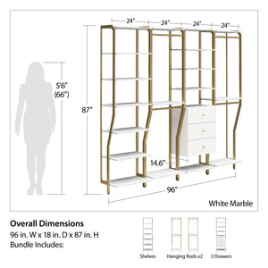 CosmoLiving Gwyneth Closet 4 Piece Bundle-2 Hanging Rod, 1 Shelf & 1 Drawer Unit - White marble