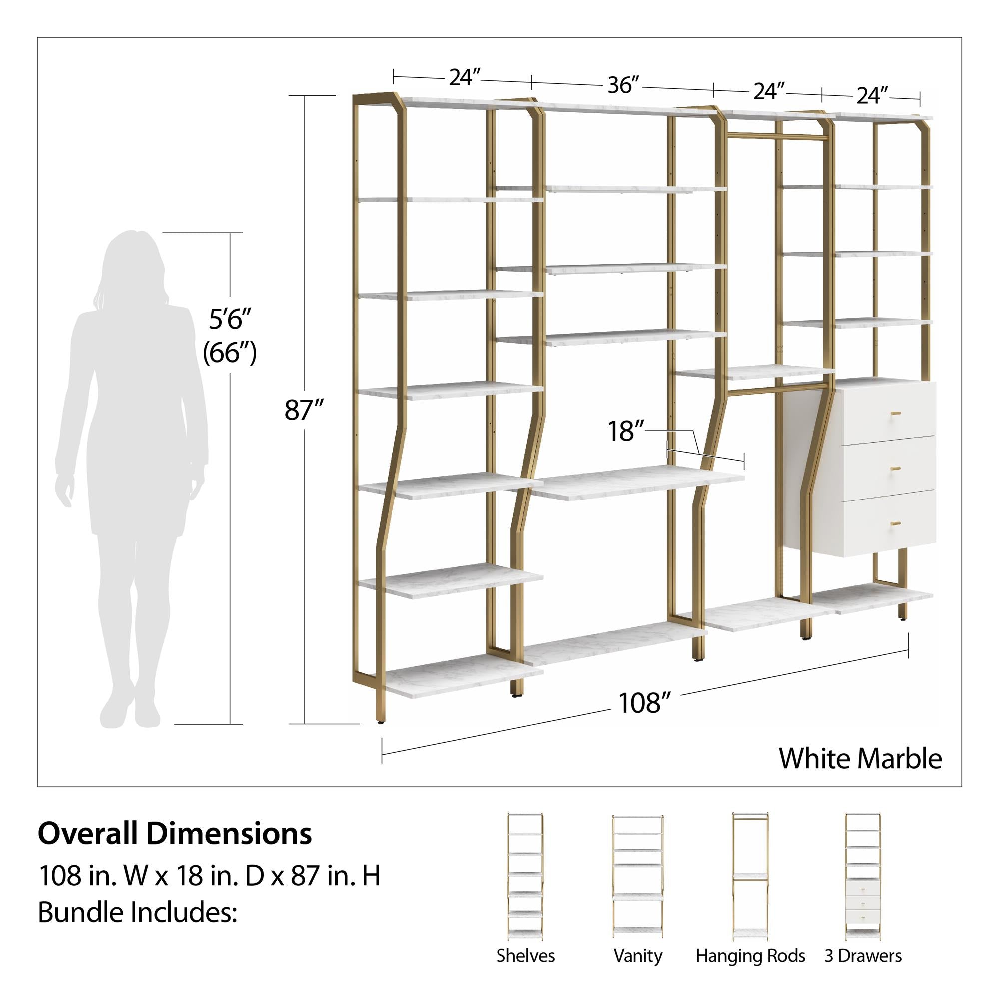 CosmoLiving Gwyneth Closet 4 Piece Bundle-Shelves, Vanity, Hanging Rods & Drawers - White marble