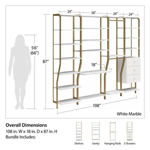 CosmoLiving Gwyneth Closet 4 Piece Bundle-Shelves, Vanity, Hanging Rods & Drawers - White marble