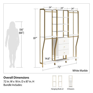CosmoLiving Gwyneth Closet 3 Piece Bundle- 2 Hanging Rod & 1 Drawer Unit - White marble