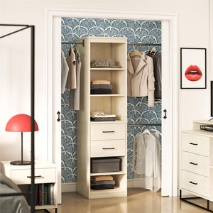 Novogratz Kelly 5 Shelf / 2 Drawer Closet Organizer with 3 Adjustable Hanging Rods - Ivory Oak