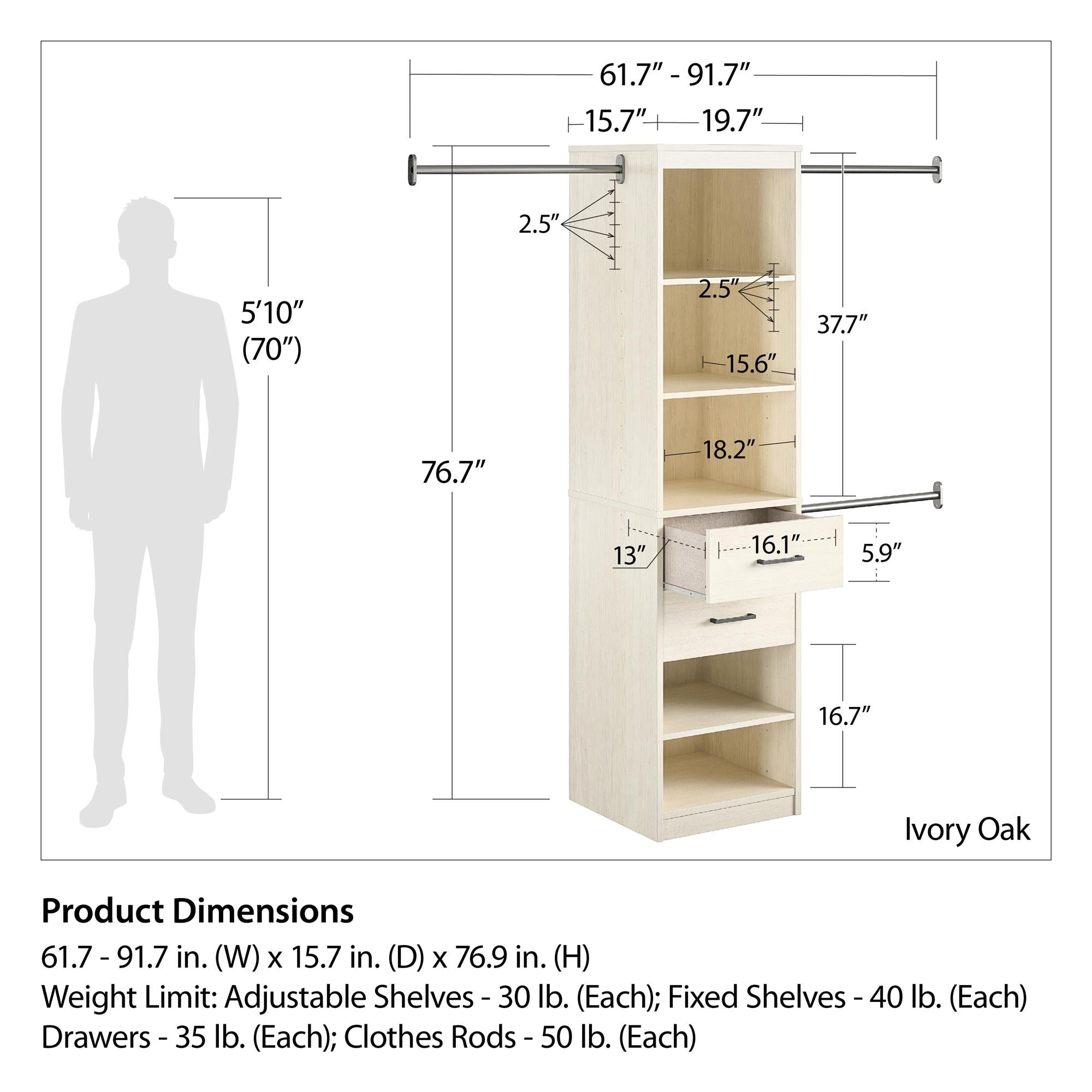 Novogratz Kelly 5 Shelf / 2 Drawer Closet Organizer with 3 Adjustable Hanging Rods - Ivory Oak
