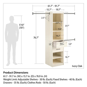 Novogratz Kelly 5 Shelf / 2 Drawer Closet Organizer with 3 Adjustable Hanging Rods - Ivory Oak