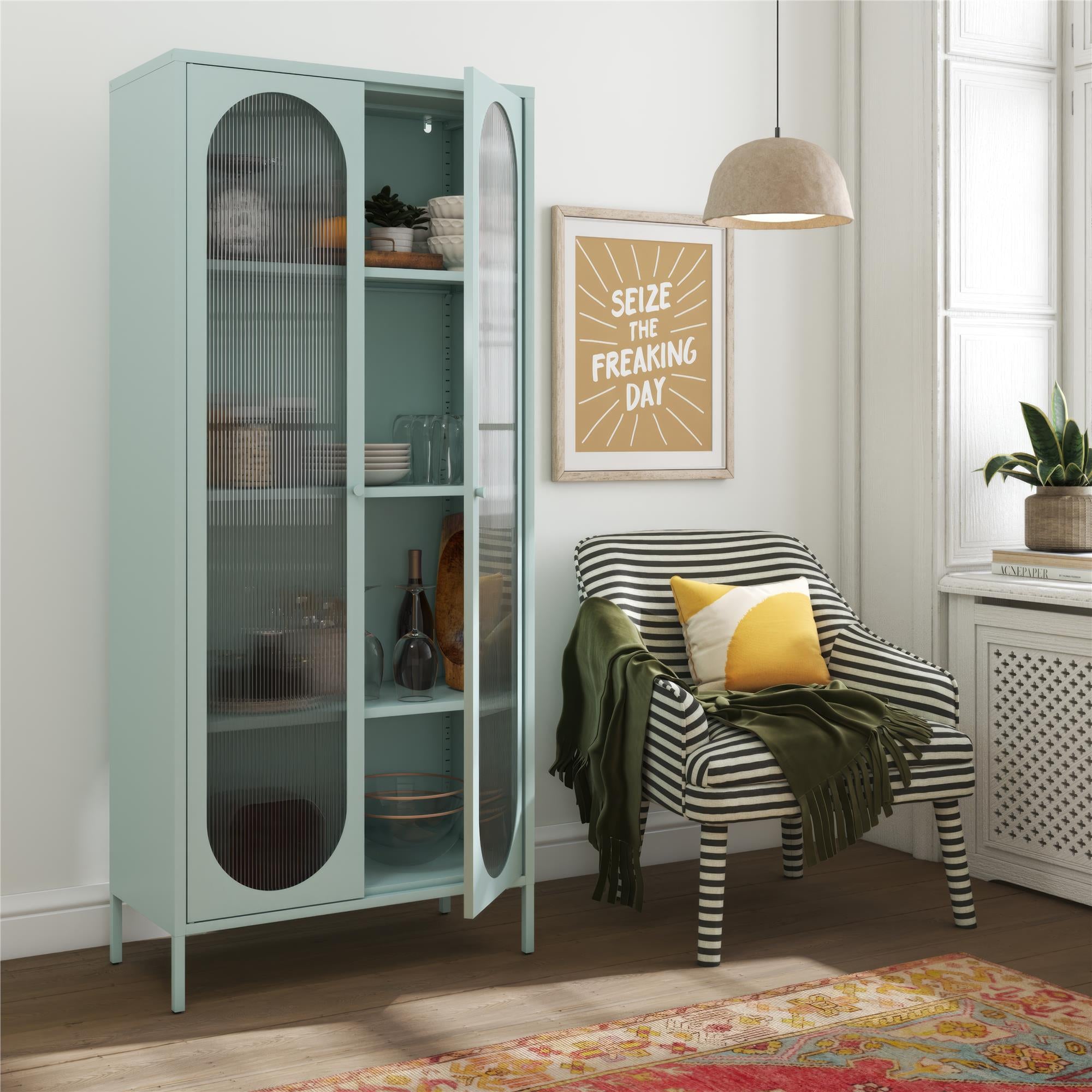 Mr. Kate Luna Tall 2-Door Accent Cabinet with Fluted Glass - Sky Blue