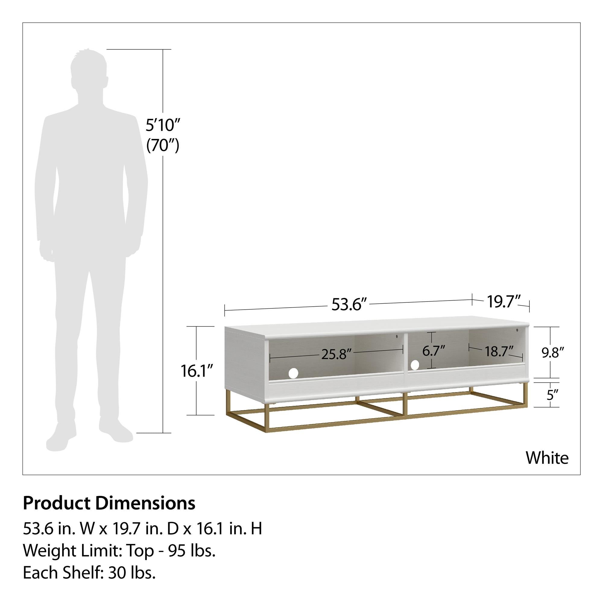 Charlie Kids TV Stand with Open Storage for TVs up to 60", White & Golden Bronze - White