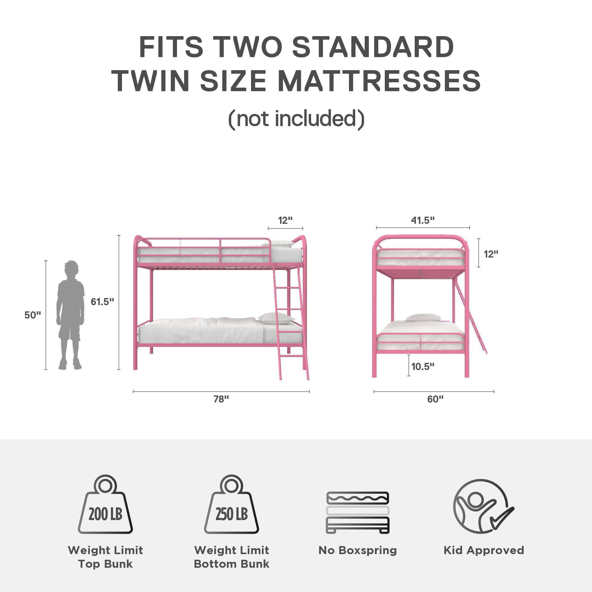 DHP Dusty Kids' Bunk Bed - Pink - Twin-Over-Twin