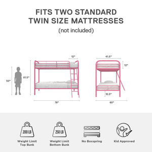 DHP Dusty Kids' Bunk Bed - Pink - Twin-Over-Twin