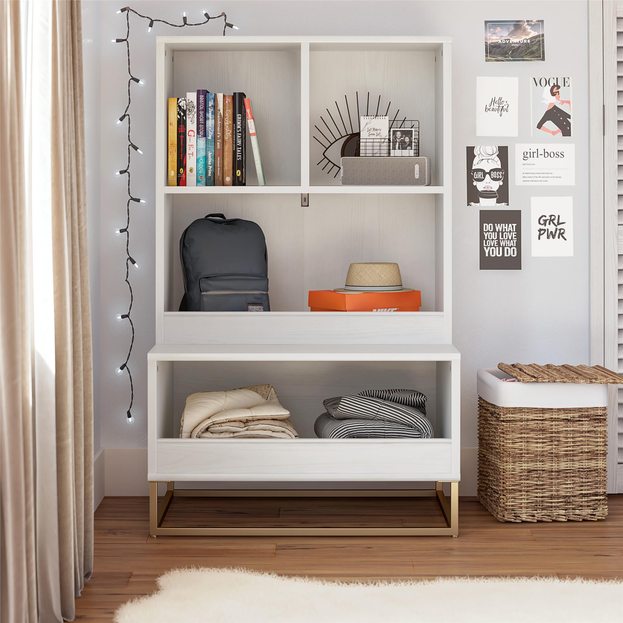 Charlie Kids Multi-Use Toy Storage Organizer & Bookcase, White with Golden Bronze - White